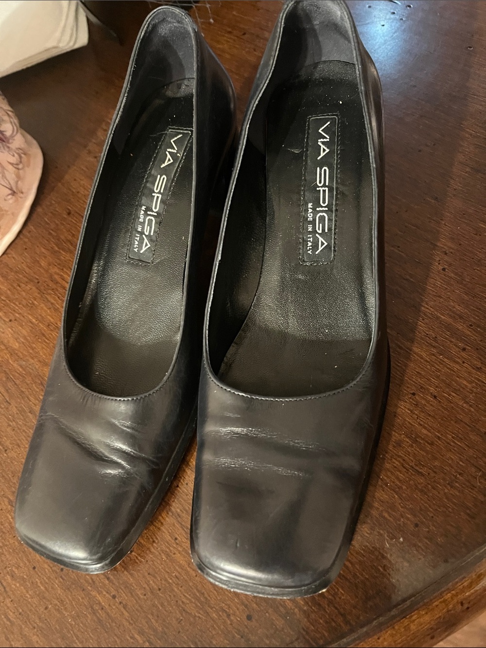 Via Spiga Black Leather Square-Toe Pumps
